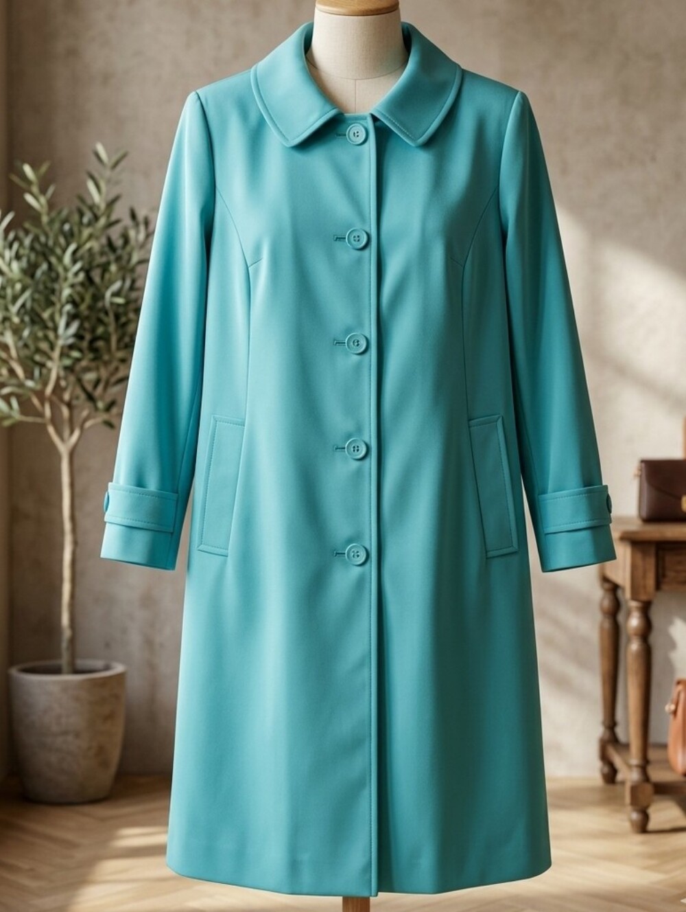 Main Street Fashion Sun Rain Storm Turquoise Retro Mod Midi Trench Coat -Size 12